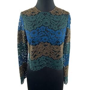 SANDRO Paris Lace Long Sleeve Blouse Top Blue Green Scalloped Round Neckline 2